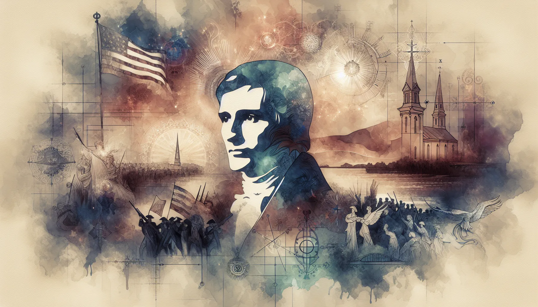 A stylized illustration featuring a central figure surrounded by an American flag, historical figures, soldiers, a church, and abstract designs, blending past and present themes.
