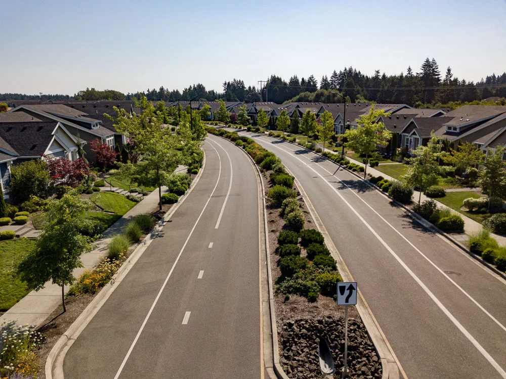 Aerial view of a suburban neighborhood with a divided road lined with trees and houses on both sides, on a sunny day with a clear sky.