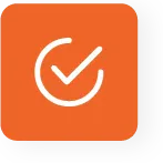 Orange square icon with rounded corners featuring a white checkmark inside a white circle in the center.