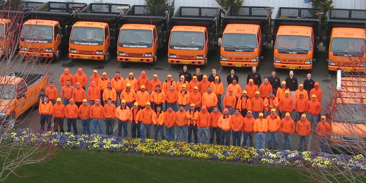 A group of workers in bright orange uniforms stands outside in front of a line of six orange trucks with