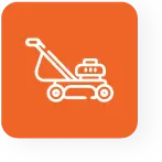 Icon depicting a white outline of a lawnmower on an orange square background.