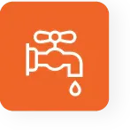Icon of a water tap with a single drop falling, outlined in white on an orange square background.