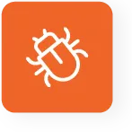 Icon with rounded corners, featuring a simplified white bug illustration on an orange square background, surrounded by a black shadow.