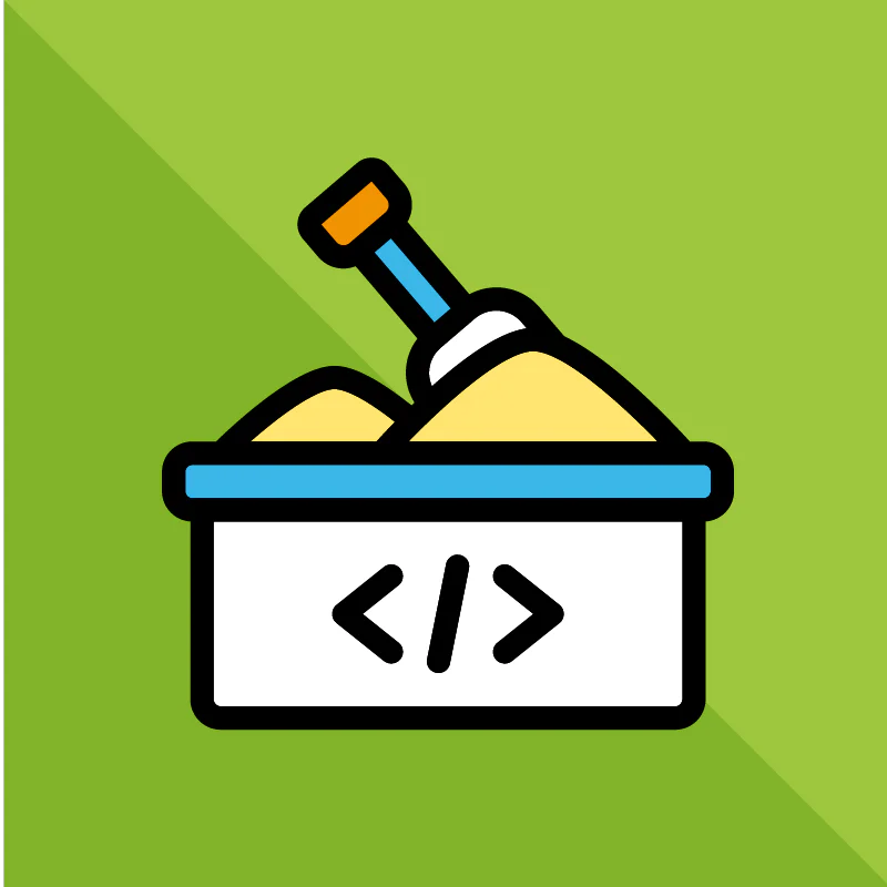 Icon of a sandbox with code symbols on the side; a trowel is sticking out of the sand. The background is light green with a long shadow effect.