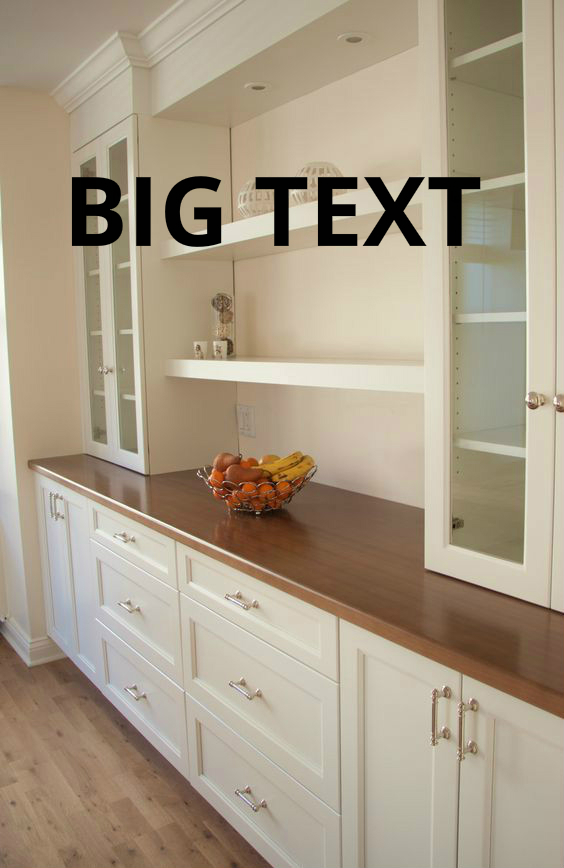 White kitchen cabinet with glass doors, a wooden countertop, and open shelves above. A fruit bowl features prominently, with large text saying 