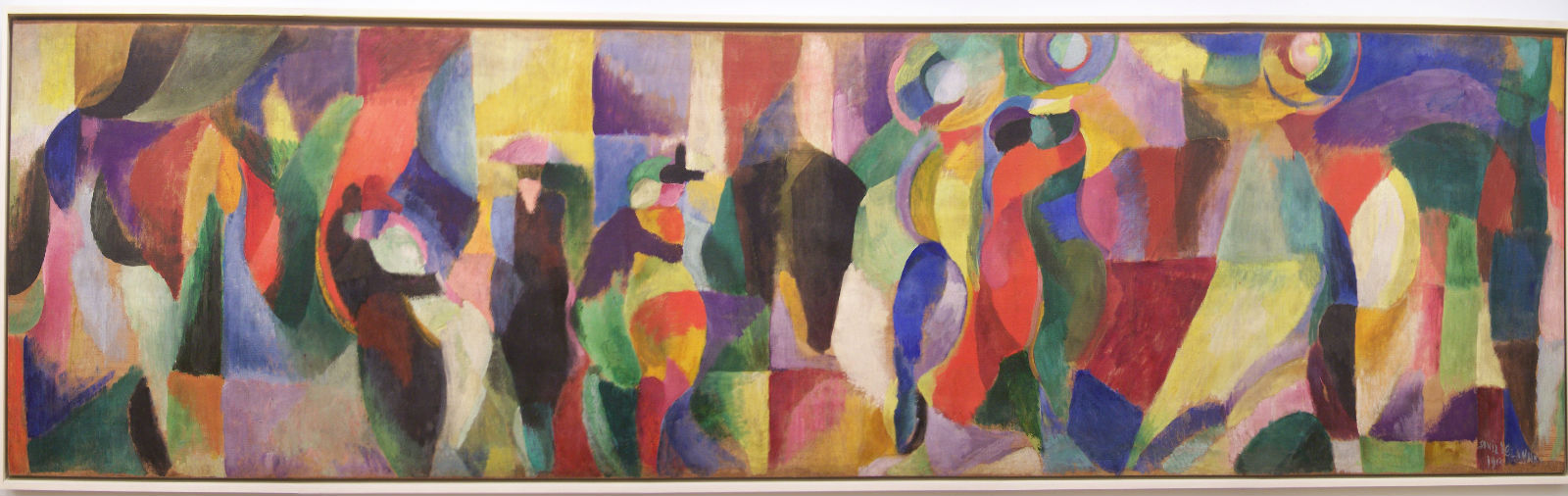 Abstract painting with vivid colors and fluid shapes. People and umbrellas appear within dynamic, overlapping forms in hues of red, blue, green, yellow, and purple.