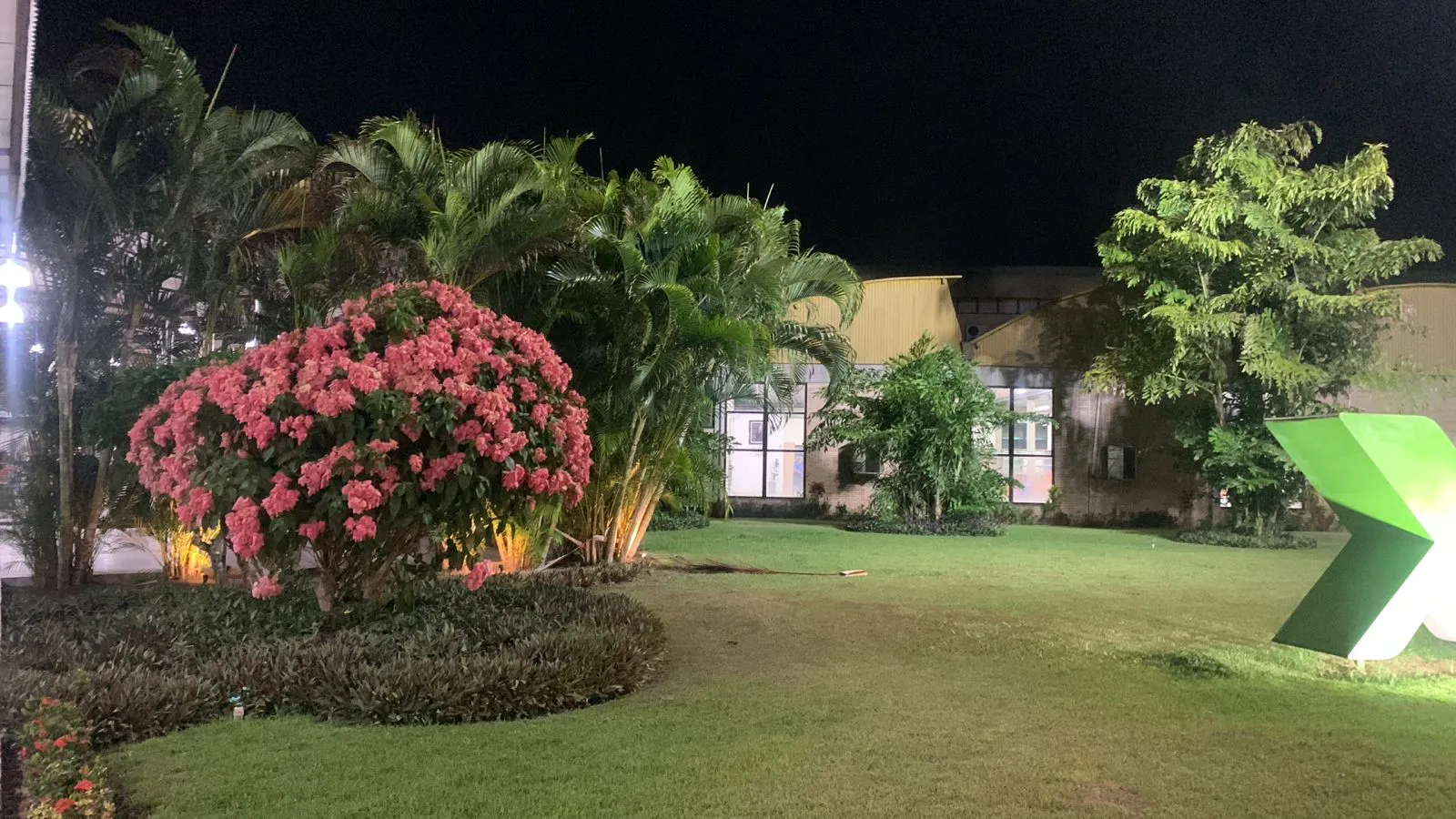 Nighttime garden scene with lush greenery and pink flowering bush. A large green geometric sculpture is on the right, and a building is partially visible in the background.